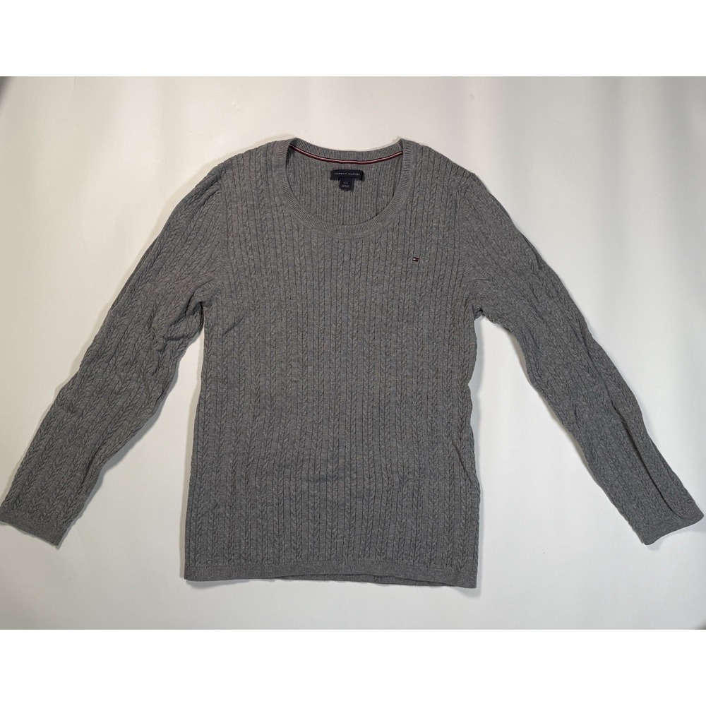 Tommy Hilfiger Women's Gray Crewneck Cable Knit Sweater Large 100%‎ Cotton